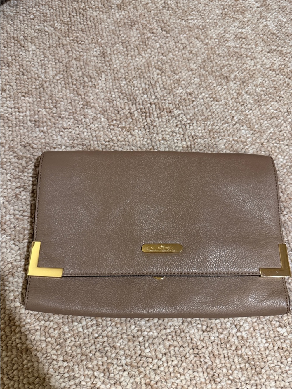 Michael Kors Taupe Leather Fold-Over Clutch with Gold Accents